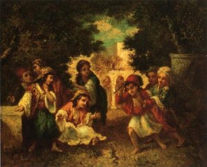 Turkish Children Playing With A Lizard — Narcisse Diaz De La Peña