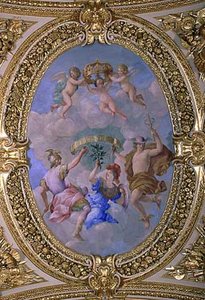 Allégorie Du Traité Des Pyrénées Ou La Paix Fruit De La Guerre La Paix Mettant Le Feu À Un Monceau D'armes La Déesse De L'agriculture Encourageant Les Travaux De La Campagne — Giovanni Francesco Romanelli
