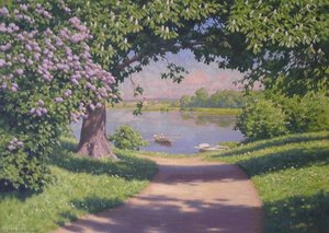 Lake With Boat And Flowering Lilacs — Johan Krouthén