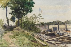Henri-Joseph Harpignies - River Landscape with Train of Barges