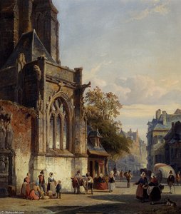 Town Square Before A Church A Capriccio — Cornelis Springer, Romanticism