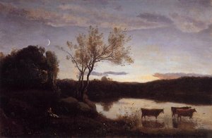 Pond With Three Cows And A Crescent Moon — Jean-baptiste-camille Corot