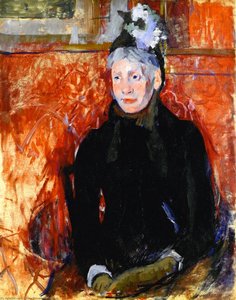Portrait Of An Elderly Lady In A Bonnet: Red Background — Mary Stevenson Cassatt, Impressionist Style