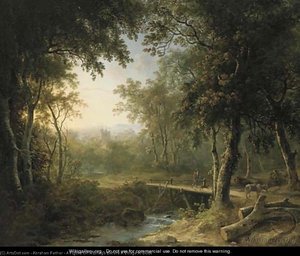 Abraham Pether - A Figure On A Bridge Before A Village At Dusk