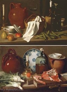 A Glass Bottle, A Blue And White Porcelain Platter, An Earthenware Jug, A Candle, An Orange And Fennel On A Wooden Ledge With Meat On A Chopping Board — Carlo Magini