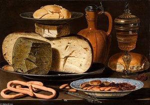 Still Life With Cheeses, Almonds And Pretzels From Circa