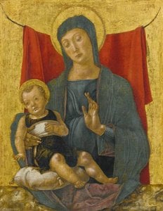 Madonna And Child Before A Red Curtain — Bartolomeo Vivarini
