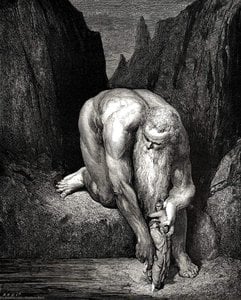 Paul Gustave Doré - Die Hölle, Canto 31, Verse 133-135. Doch in der Tiefe, Dass Lucifer mit Judas niedrig verschlingt, Er hat uns leicht platziert;