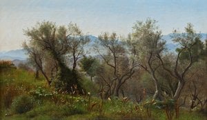 Peter Christian Skovgaard - Olive Trees At Olevano With Mountains In The Background
