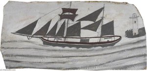 Alfred Wallis - Schooner in Full Sail near a Lighthouse