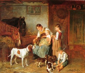Happy family in a barn interior
