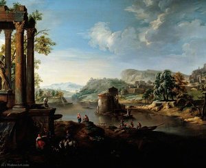 Jacob de Heusch - Classical Landscape with River and Figures