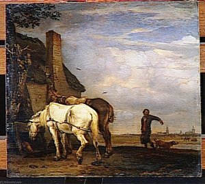 Paulus Potter - DEUX CHEVAUX DE TRAIT DEVANT UNE CHAUMIERE