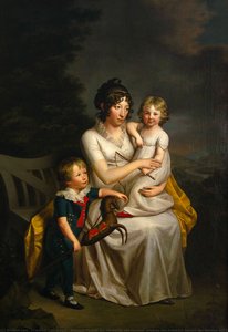 friedrich carl gröger - Deutsch Porträt der Henriette von Heintze, Ehefrau des Friedrich Adolph von Heintze auf Gut Niendorf bei Lübeck, mit ihren beiden Kindern Josua (1800 1867) und Henriette (1801 1837) vor romantischer Landschaft. English Portrait of Henriette von Heint....