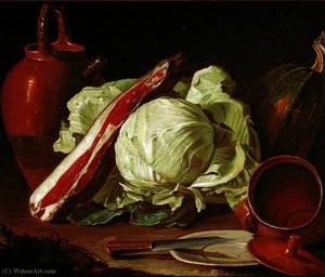 Earthenware, Pumpkin, Cabbage, Pork Shoulder And Plate With Knife Dishes, Pottery Clay And Pewter, Steak And Roosters — Cristoforo Munari