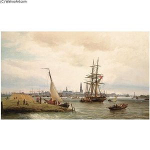 The Harbour Of Antwerp With A View From The Left Bank Over The River Scheldt And The Onze Lieve Vrouw Cathedral In The Background — Cornelis Christiaan Dommelshuizen